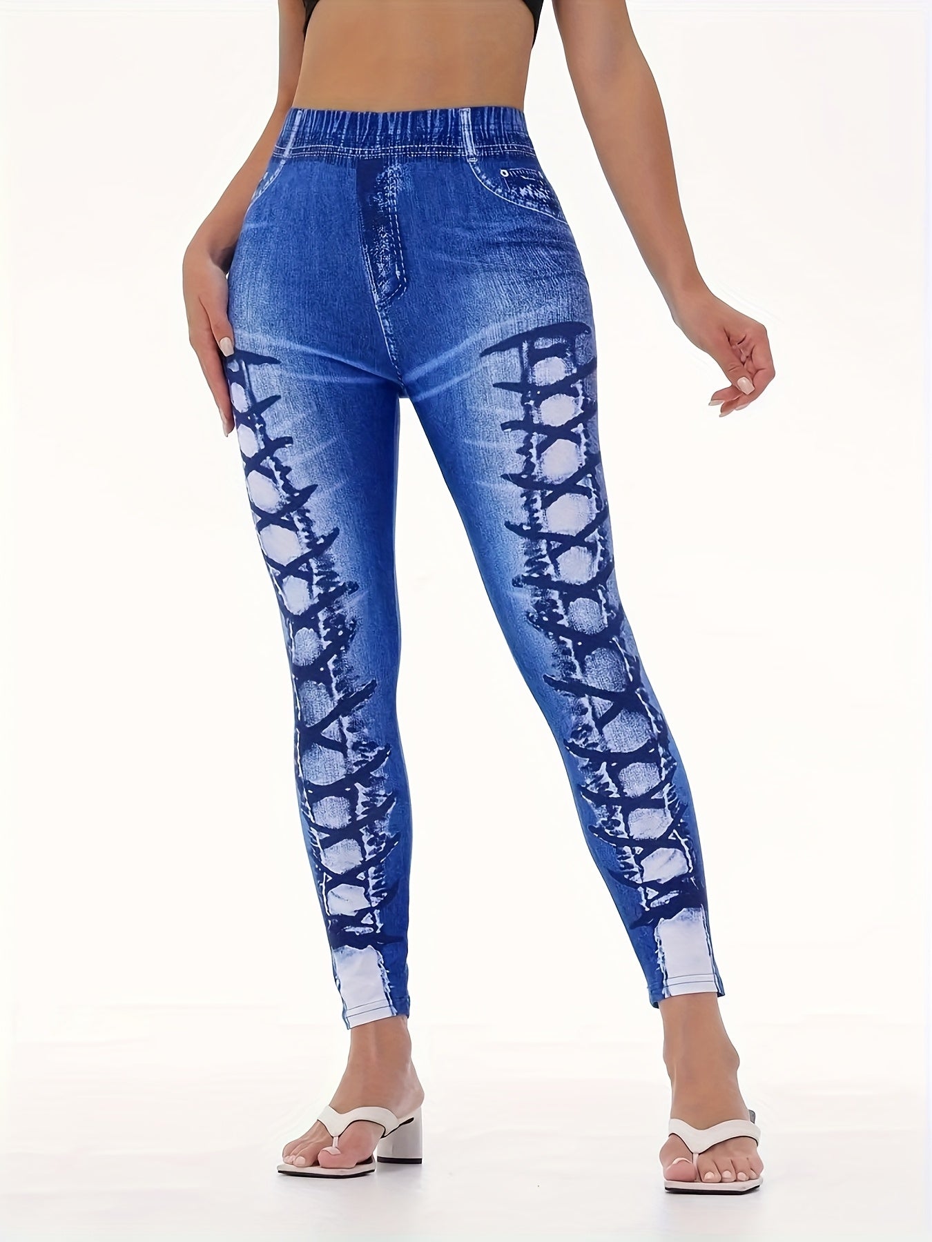 Women's High-Waist Stretch Denim-Look Leggings with 3D Ripped Print, Elastic Waistband, Faux Pockets & Buttons, Comfortable Yoga & Casual Wear for All Seasons, High-Waist Stretch Denim-Look Leggings, Allseasons Apparel, Mediu